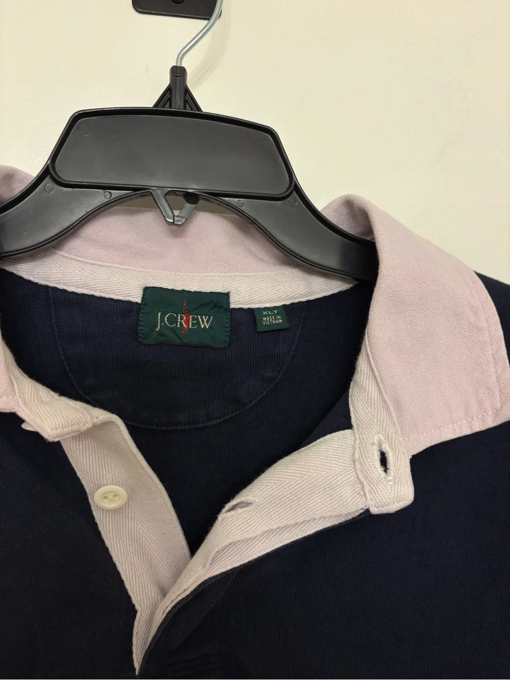 Vintage J.Crew Oarsman Rugby Shirt Mens XLT Navy Blue Pink Collar Elbow Patch